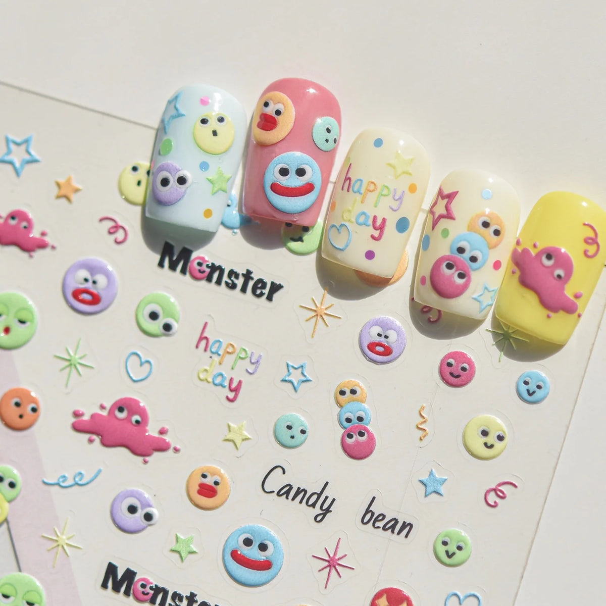 5D Cartoon Nail Stickers | Smiley Monster Star Heart Decals Nail Art Stickers QXL