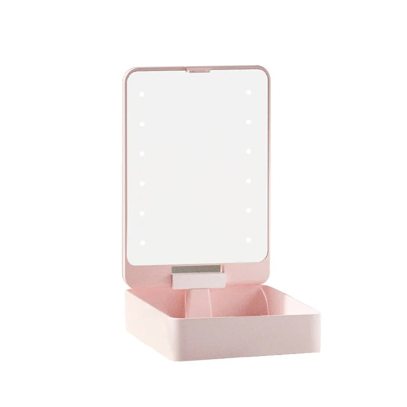 2-in-1 Makeup Brush Organizer Case with LED Mirror & USB-C Makeup Brush Organizer QXL Pink