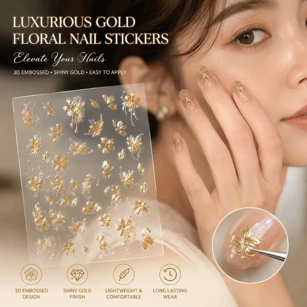 Gold Flower 3D Nail Stickers | Press-On Floral Nail Art Decals 3D Nail Stickers QXL