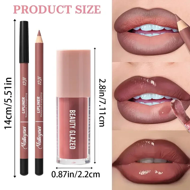 2-Pc Waterproof Matte Lip Liner & Glaze Set | Long-Lasting Lip Liner Set QXL