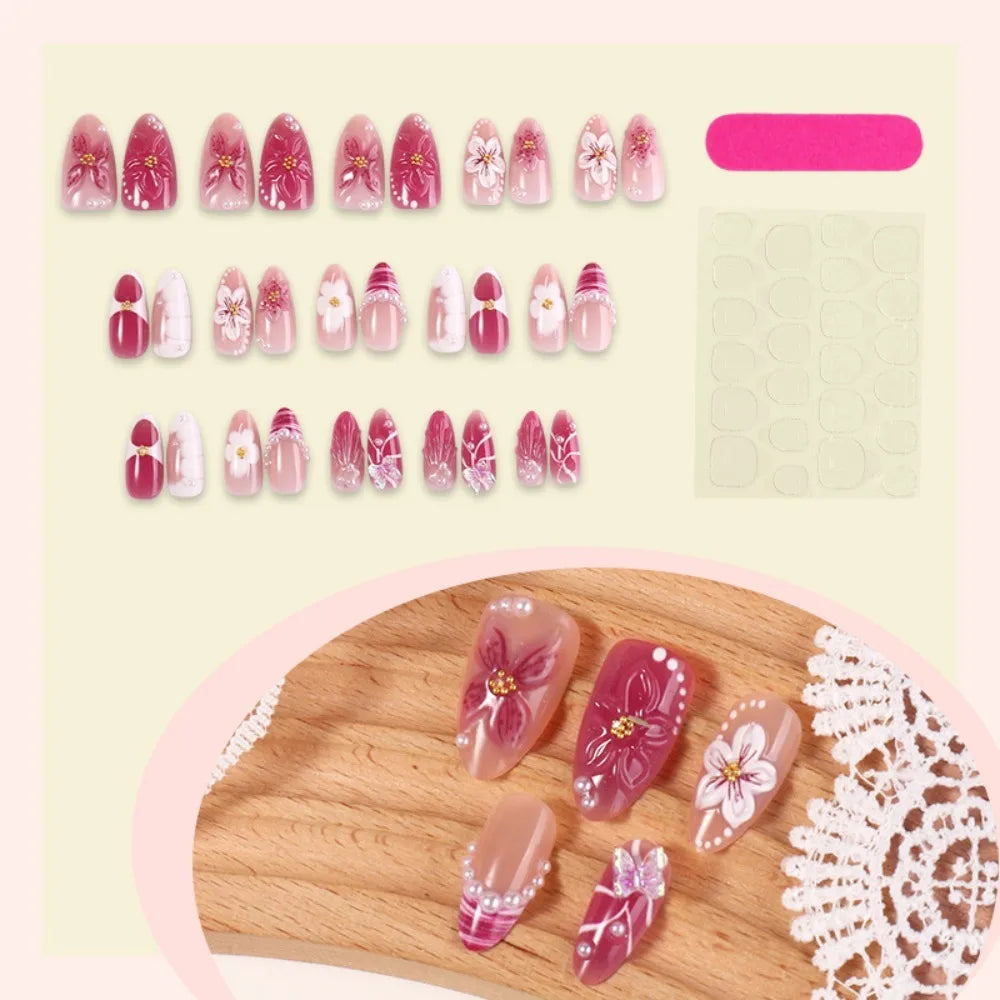 3D Flower Almond Press-On Nails | Gradient Pink Reusable Set Press-On Nail Set QXL Pink