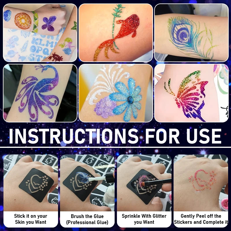 12-Shade Glitter Temporary Tattoo Kit | Stencils & Glue Temporary Tattoo Kit QXL
