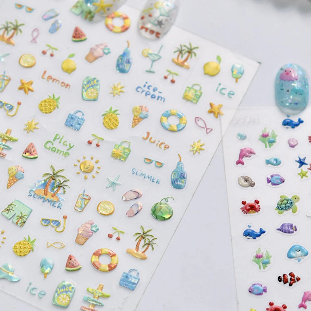 5D Summer Nail Stickers | Tropical Fruit & Beach Nail Decals Nail Art Stickers QXL