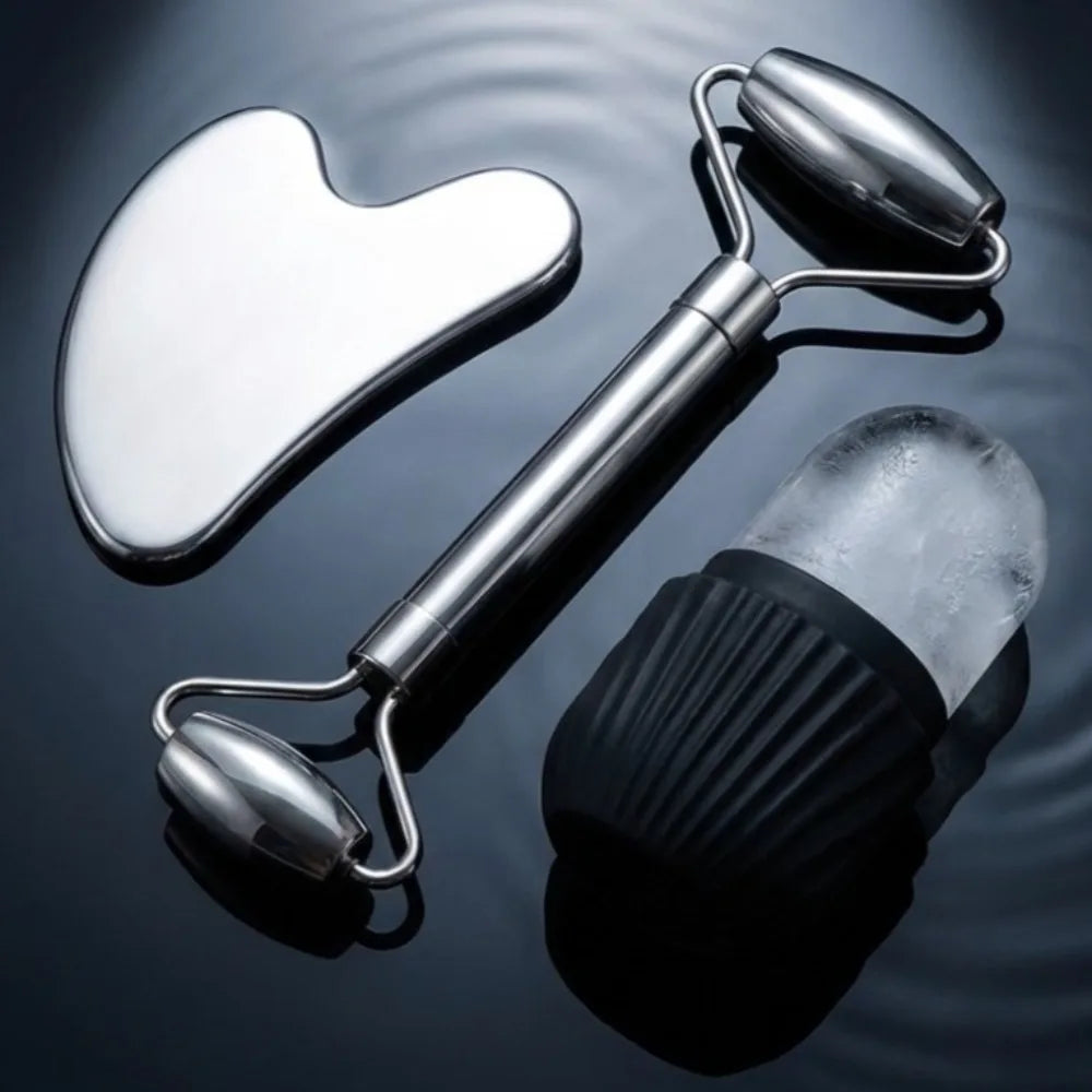 Ice Face Roller & Stainless Steel Gua Sha Tool Set Facial Massage Tool Set QXL