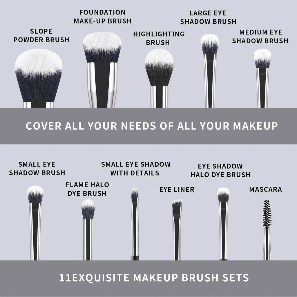 Ronshadow 11-Pc Makeup Brush Set | Soft Dual-Color Nylon Hair Makeup Brush Set QXL