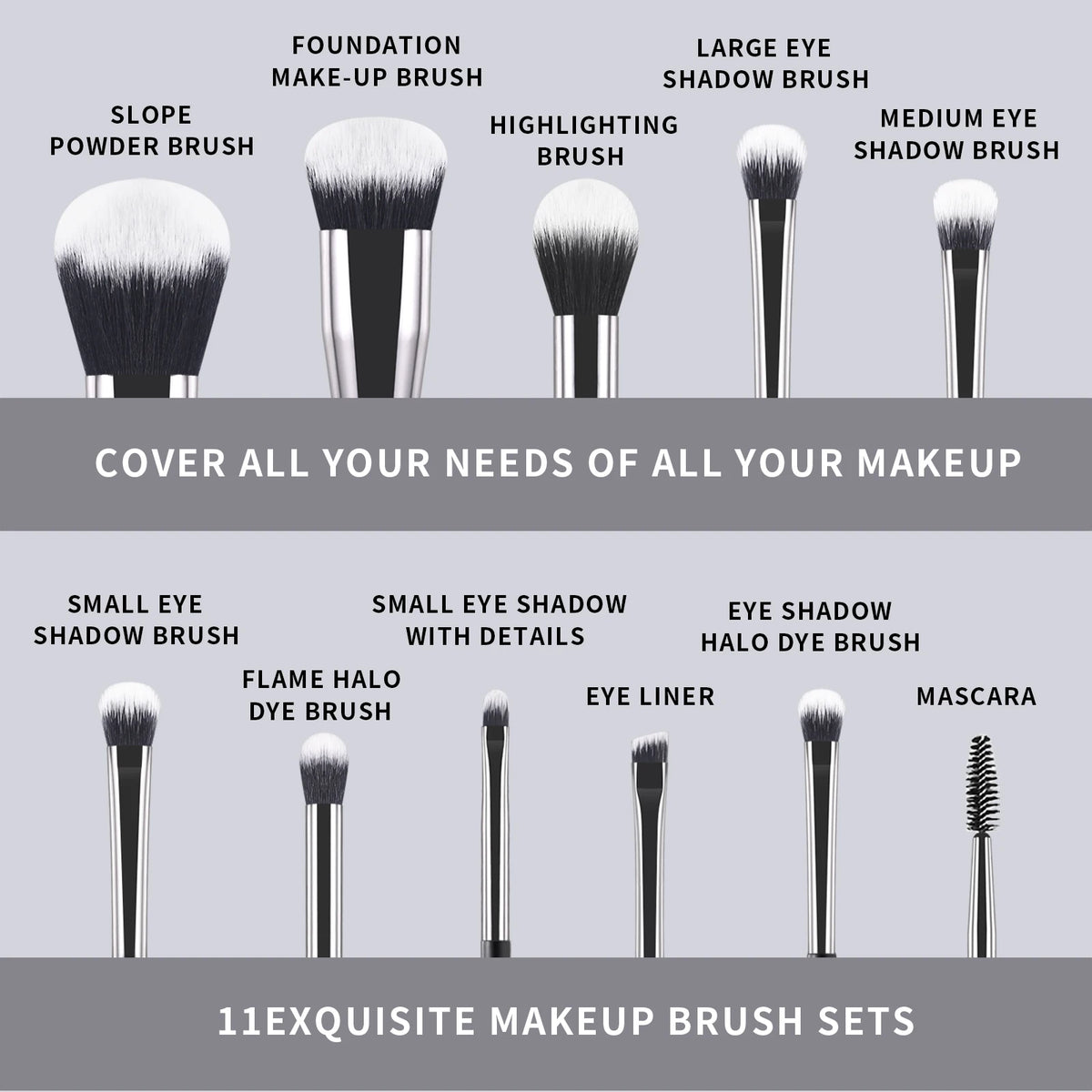 Ronshadow 11-Pc Makeup Brush Set | Soft Dual-Color Nylon Hair Makeup Brush Set QXL