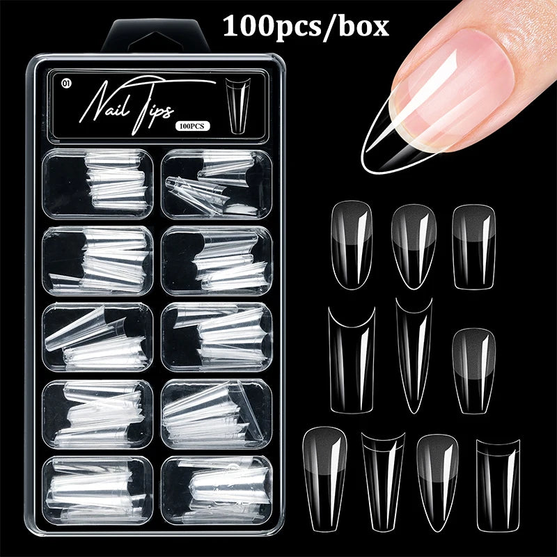 100-Pc Press-On False Nail Tips | Square Coffin Almond Shapes False Nail Tips QXL