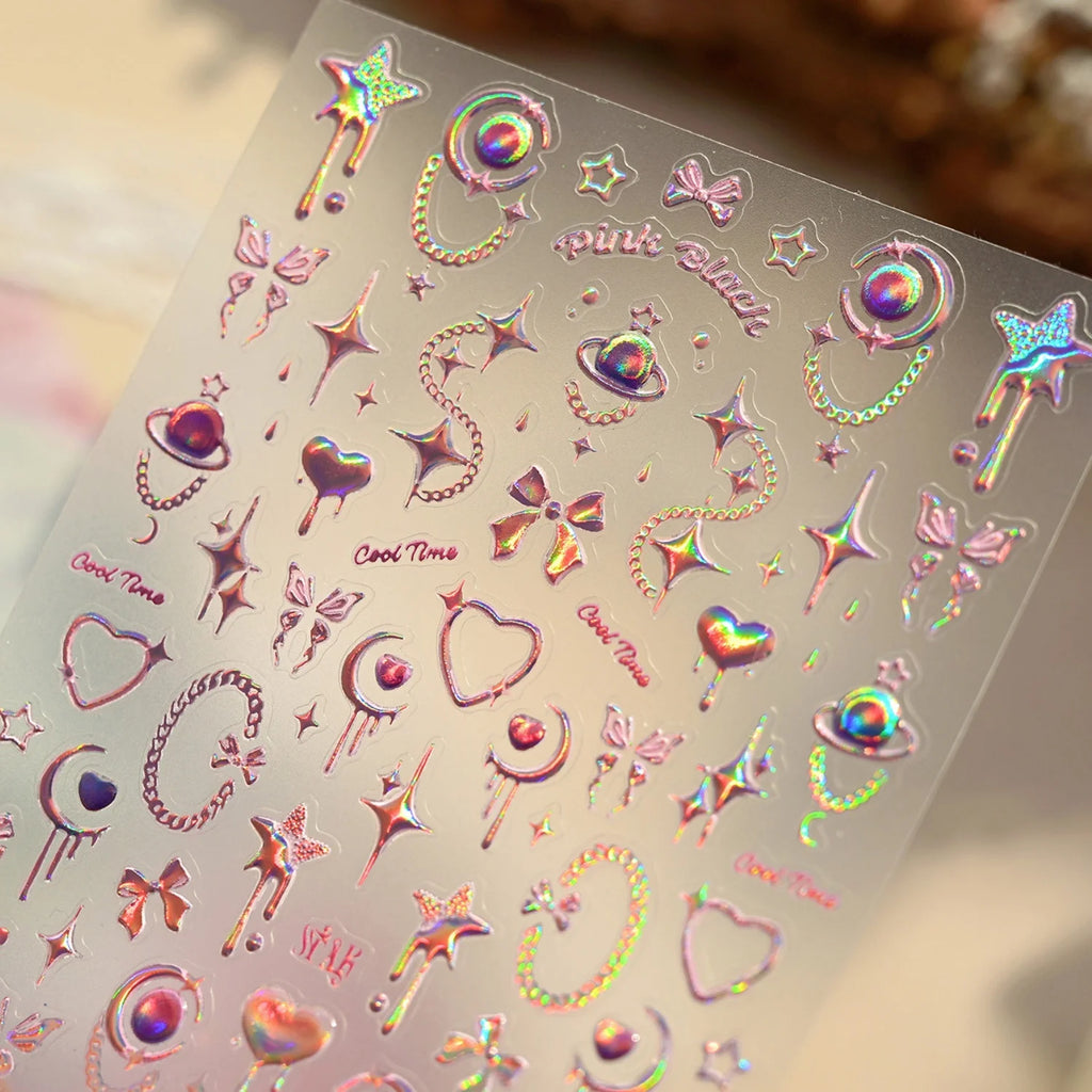 5D Holographic Y2K Nail Stickers | Star Moon Heart Decals Nail Art Stickers QXL