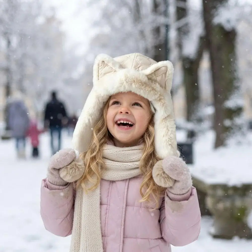Women's Fleece Cat Ear Winter Hat with Earflaps & Pom-Poms Winter Earflap Hat QXL