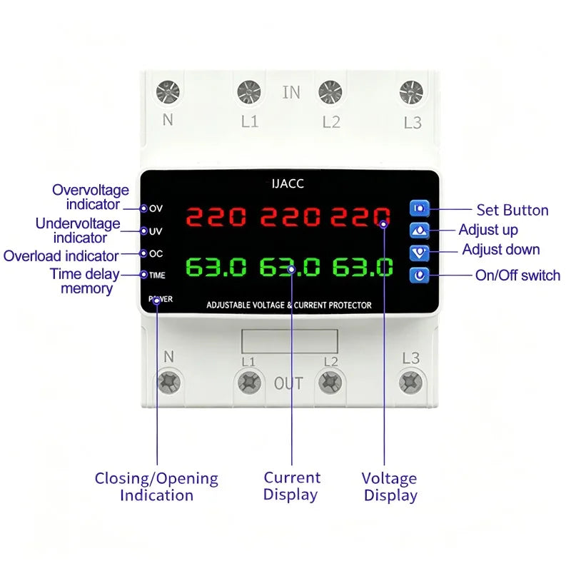 3-Phase 4-Wire Voltage Current Protector Relay 63/100A Voltage Protection Relay QXL