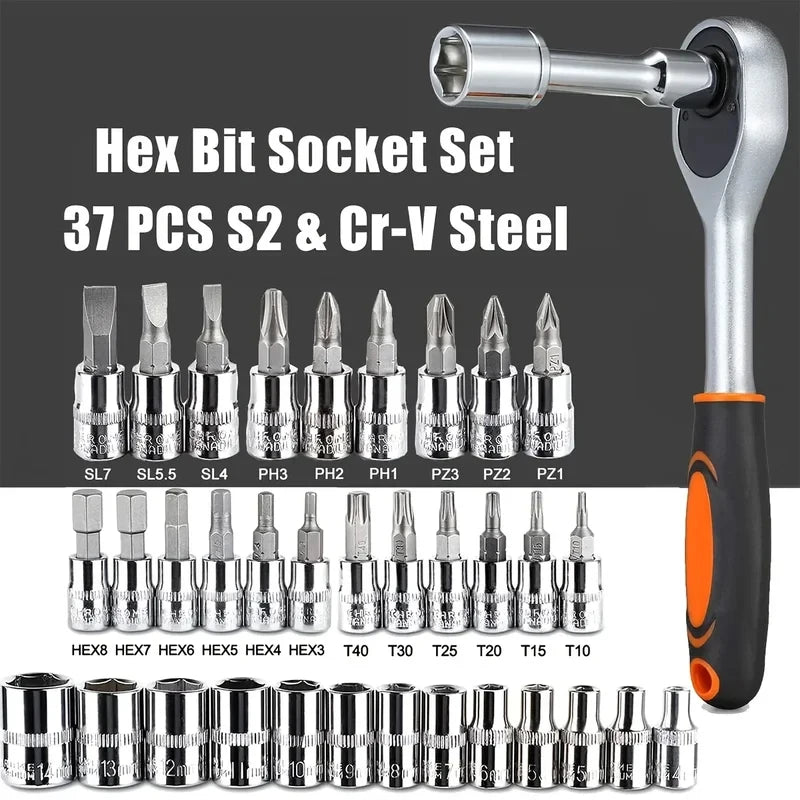 46-Pc 1/4" Ratchet Socket Set | Metric Hex Bit Tool Kit Ratchet Socket Set QXL