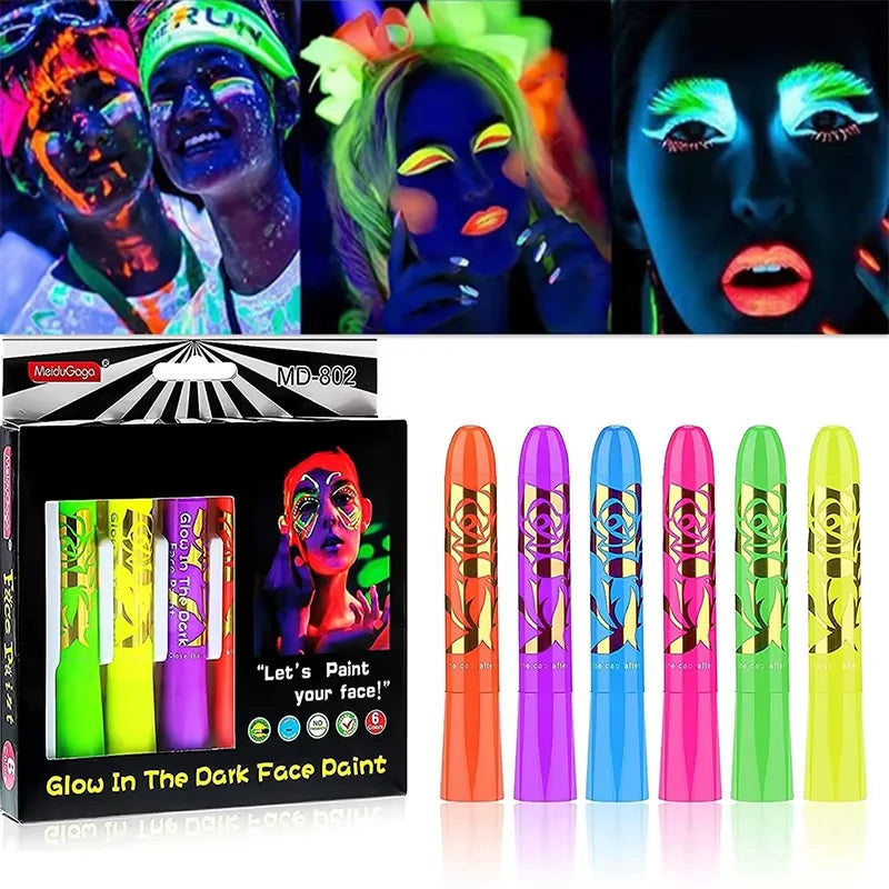 6-Pc Glow in the Dark Face Paint Crayons | UV Neon Kit UV Face Paint Kit QXL 6 pcs