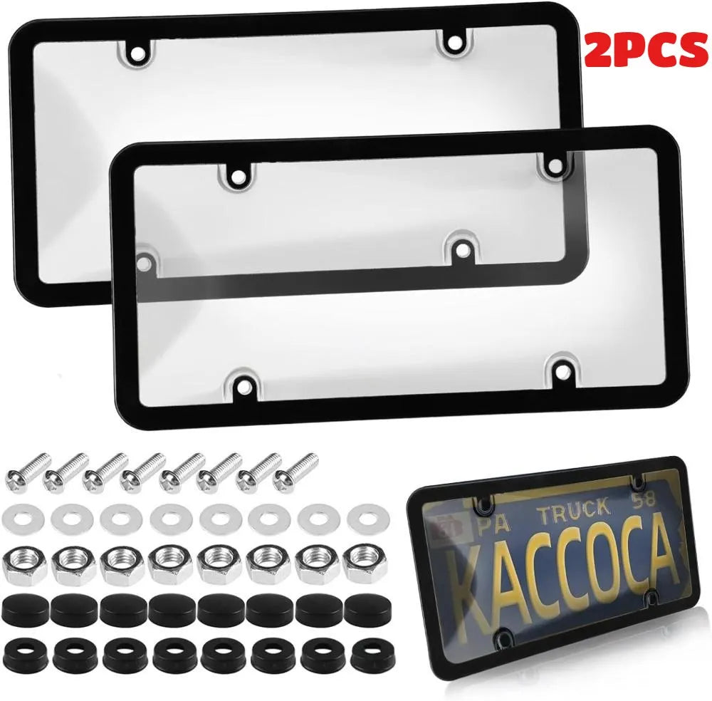 2-Pack Slim Rust-Proof License Plate Frames | Universal Fit License Plate Frame QXL Transp.wblack border