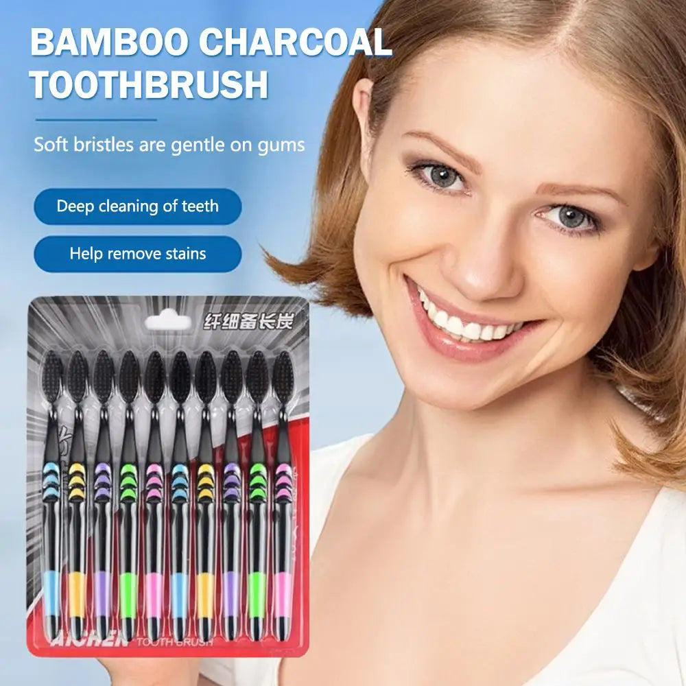 10-Pack Bamboo Charcoal Toothbrushes | Ultra-Soft Bristles Bamboo Toothbrush Set QXL