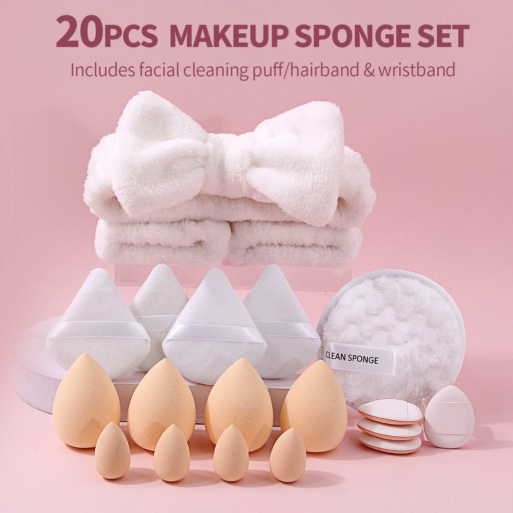 KOSSHOW 20-Pc Makeup Sponge & Puff Set with Hairband Makeup Sponge Set QXL WHITE
