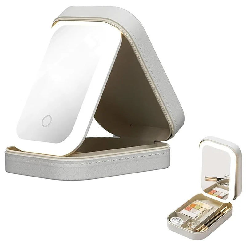 Portable Makeup Storage Box with LED Mirror | 3 Light Modes Makeup Storage Case QXL Beige