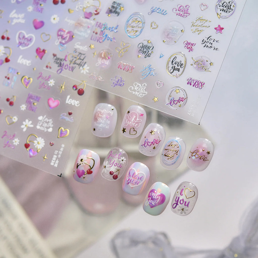 5D Holographic Laser Nail Stickers | Heart Star Cursive Decals Nail Art Stickers QXL