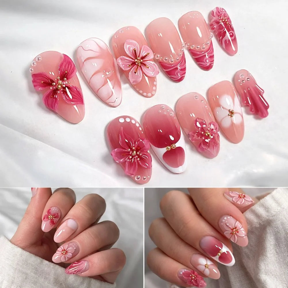 3D Flower Almond Press-On Nails | Gradient Pink Reusable Set Press-On Nail Set QXL
