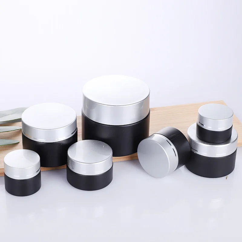 Matte Black Glass Jars Wood Cap | 5g–50g Refillable Cosmetic Pots Cosmetic Glass Jar QXL 100g silver lid