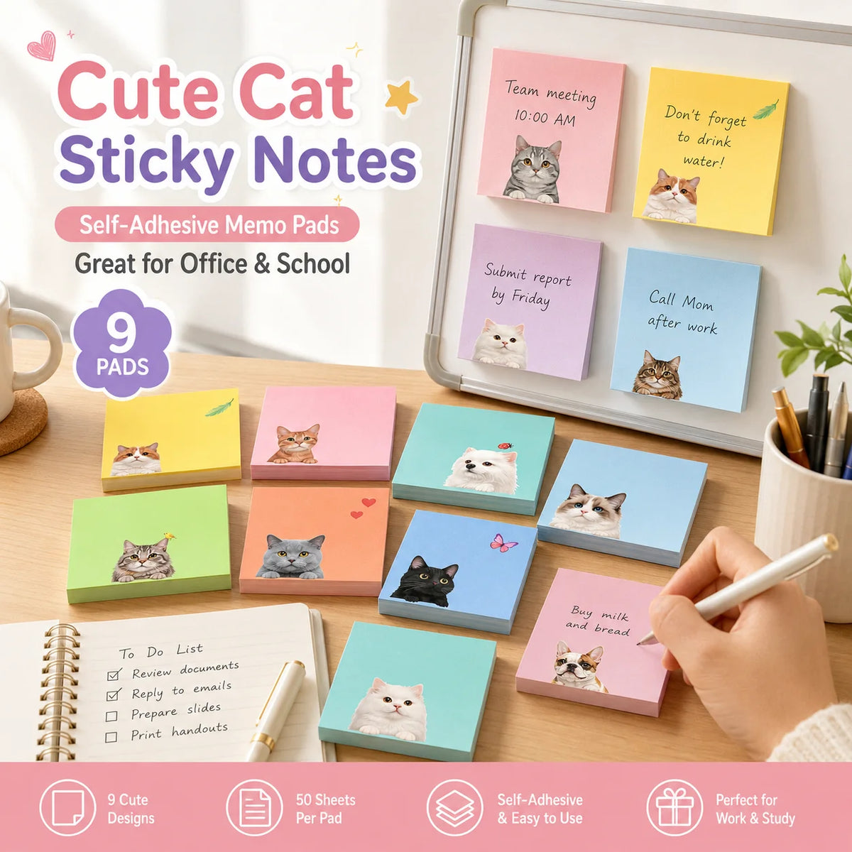 9-Pack Cute Printed Sticky Notes | 50 Sheets Per Pad Sticky Memo Pads QXL