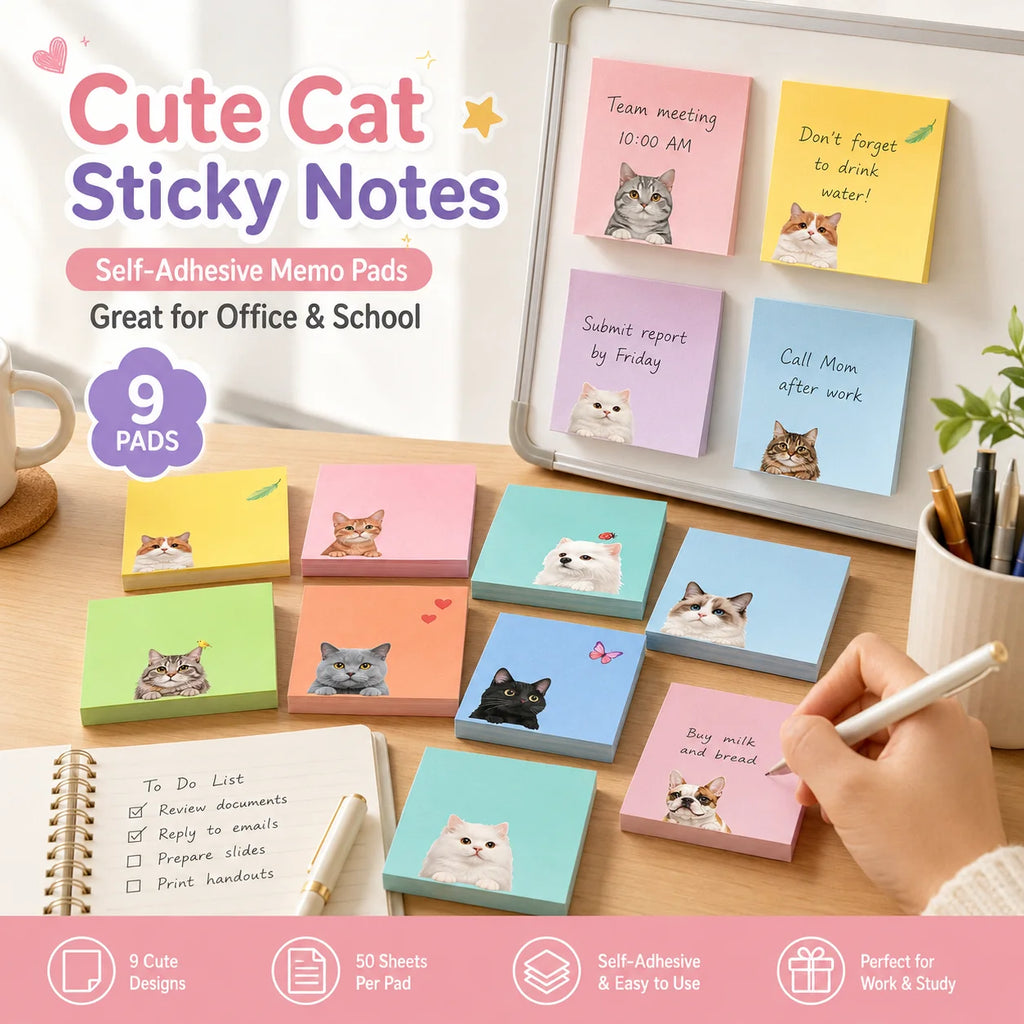 9-Pack Cute Printed Sticky Notes | 50 Sheets, Pet Designs Sticky Memo Pads QXL