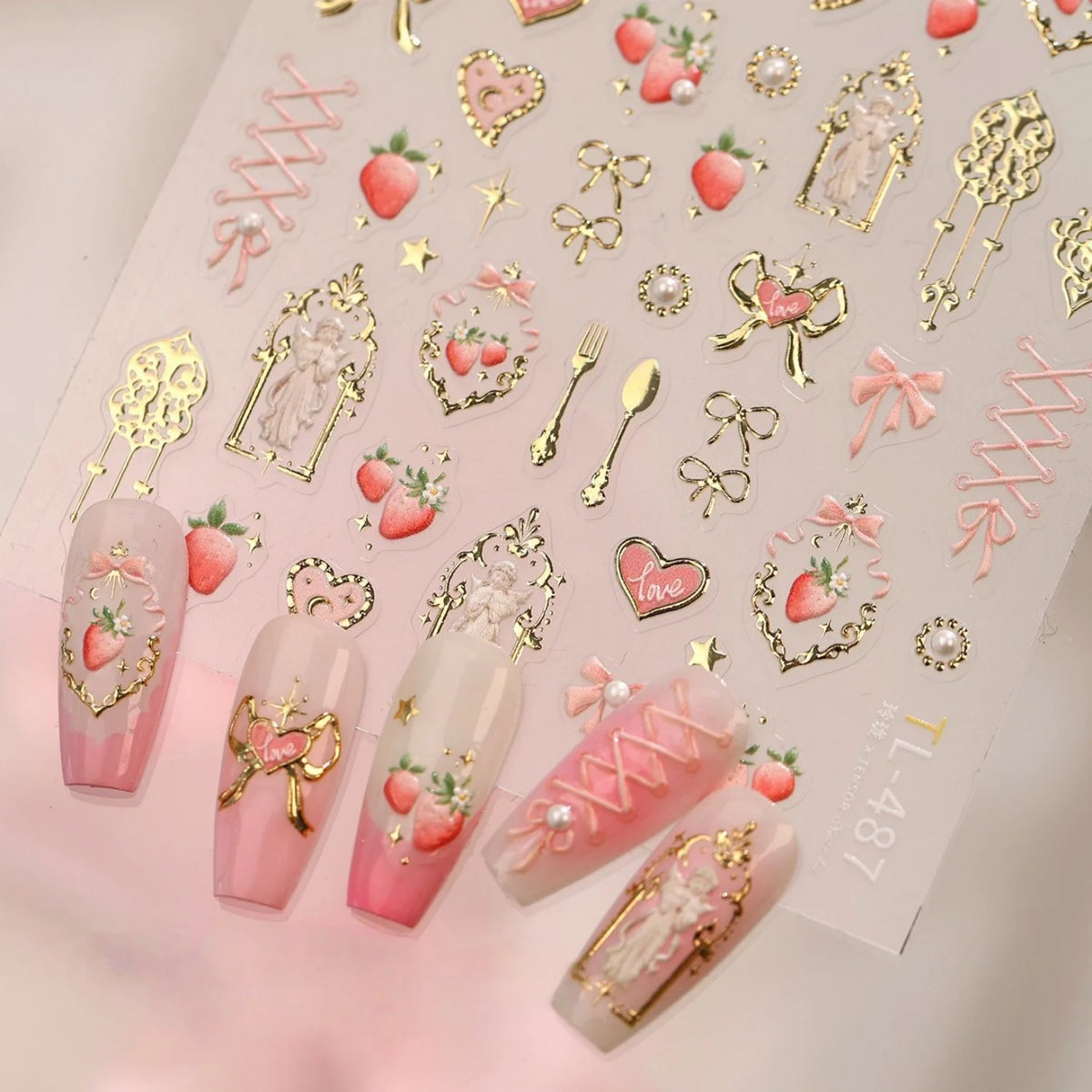 5D Sweet Dessert Nail Stickers | Gold, Strawberry & Bow Decals Nail Art Stickers QXL