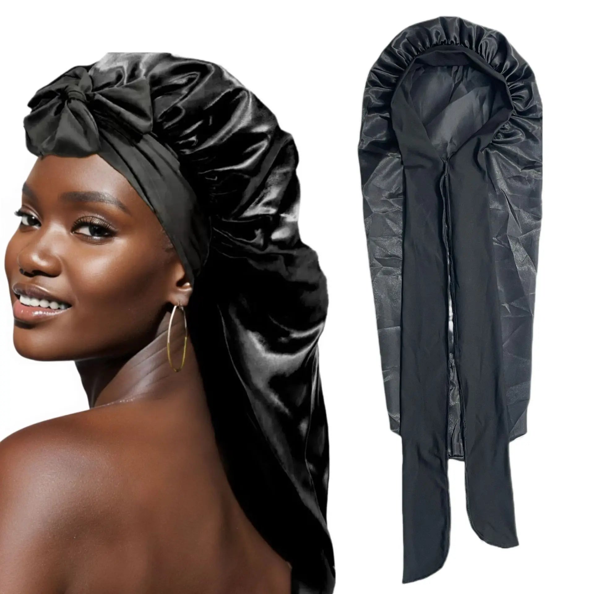 Women's XL Satin Sleep Cap & Elastic Hair Band – Night Cover Satin Sleep Cap QXL black