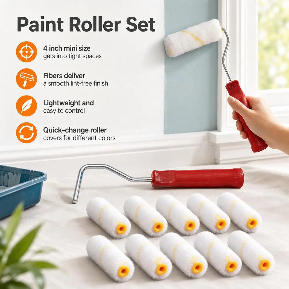 11-Piece Mini Paint Roller Kit | 10 Covers & Handle Paint Roller Kit QXL