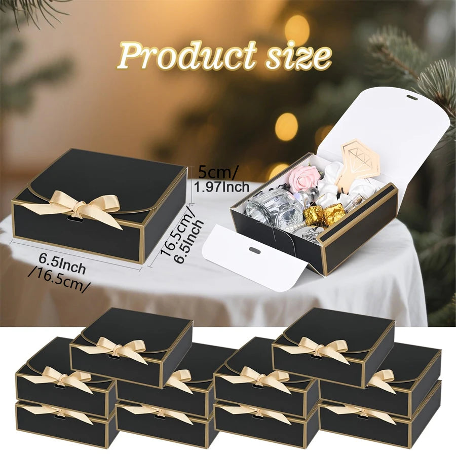 10-Pack Black Gift Boxes with Gold Trim & Ribbon 6.5"x6.5"x2" Gift Boxes QXL