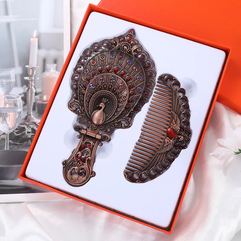 Peacock Folding Hand Mirror & Comb Set | Retro Metal Gift Box Folding Vanity Mirror Set QXL C red antique