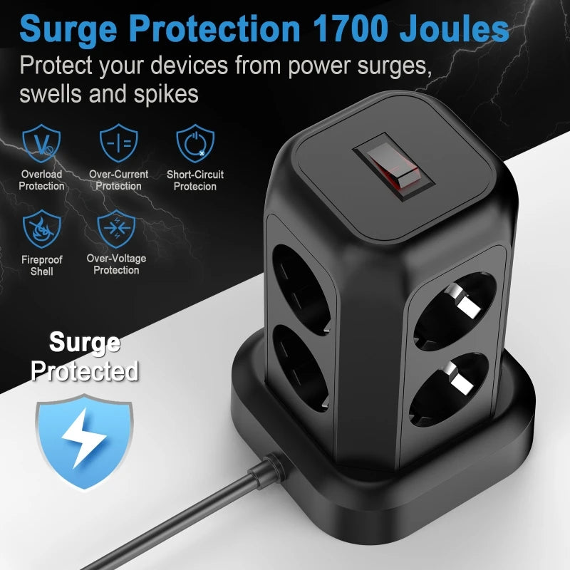 EU Tower Power Strip | 8 Outlets, 3 USB & Type-C | Surge Guard Tower Power Strip QXL