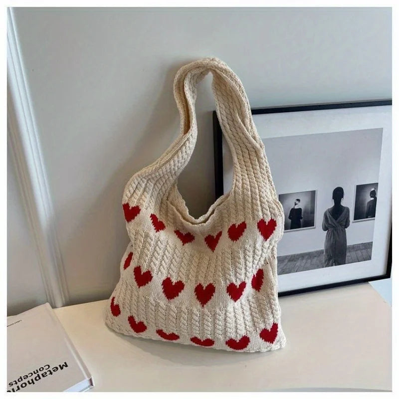 Love Heart Crochet Shoulder Bag | Knitted Woven Tote for Women Crochet Shoulder Bag QXL