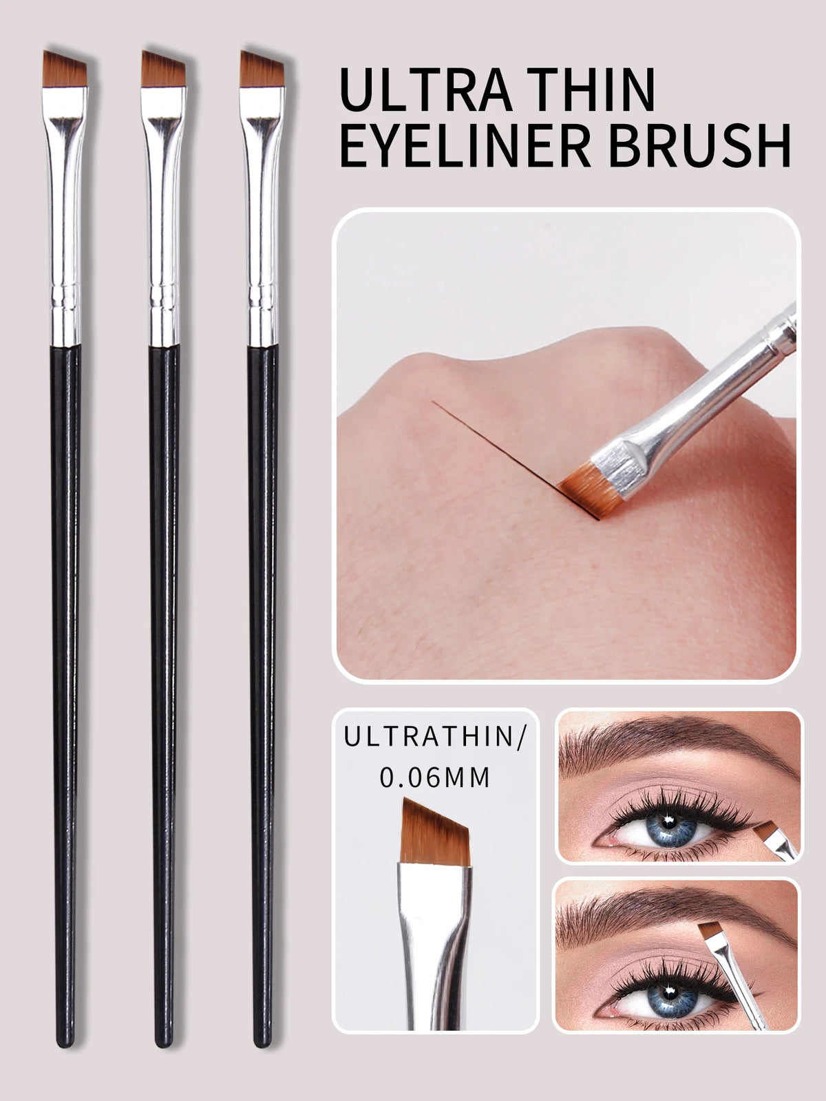 3-Piece Oblique Eyeliner, Eyebrow & Detail Makeup Brush Set Eye Makeup Brush Set QXL black silver