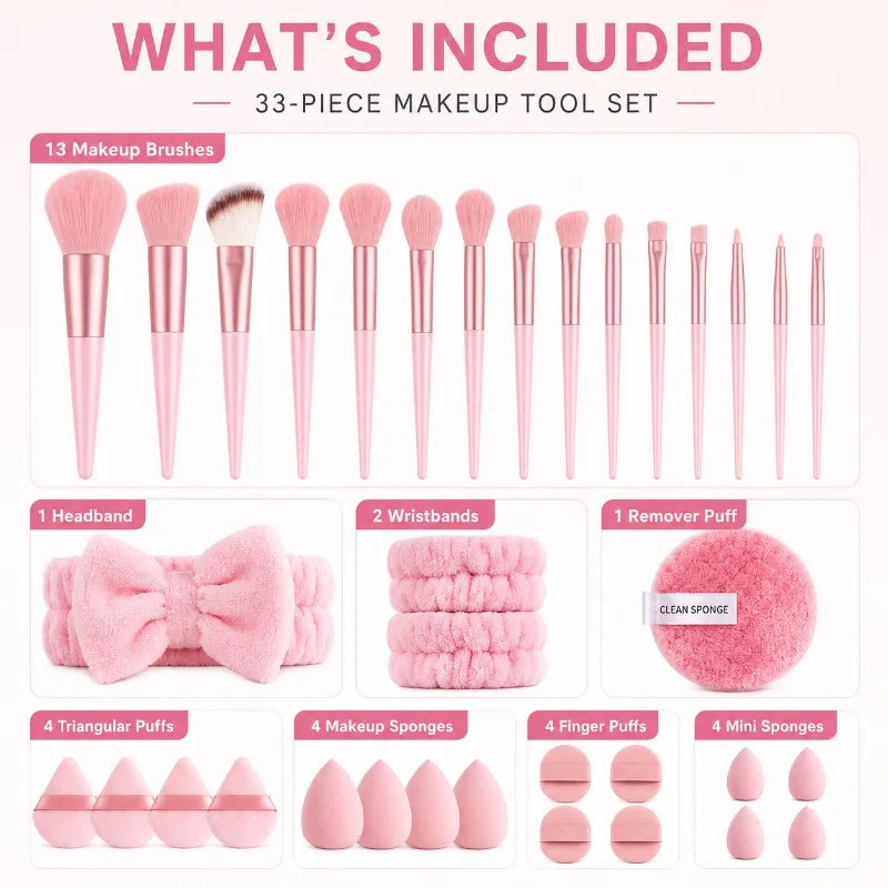 33-Pc Makeup Brush & Sponge Kit | Puffs, Headband & Wristbands Makeup Tool Set QXL
