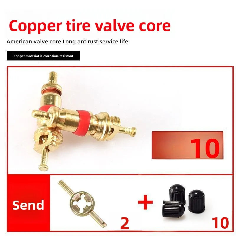 Brass Schrader Tire Valve Core Kit + Remover Tool & Dust Caps Tire Valve Core Kit QXL 10PCS