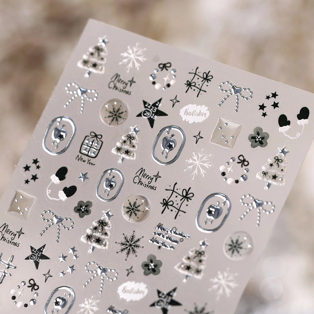 Christmas 5D Nail Stickers – Silver Snowflake & Tree Decals Nail Art Stickers QXL