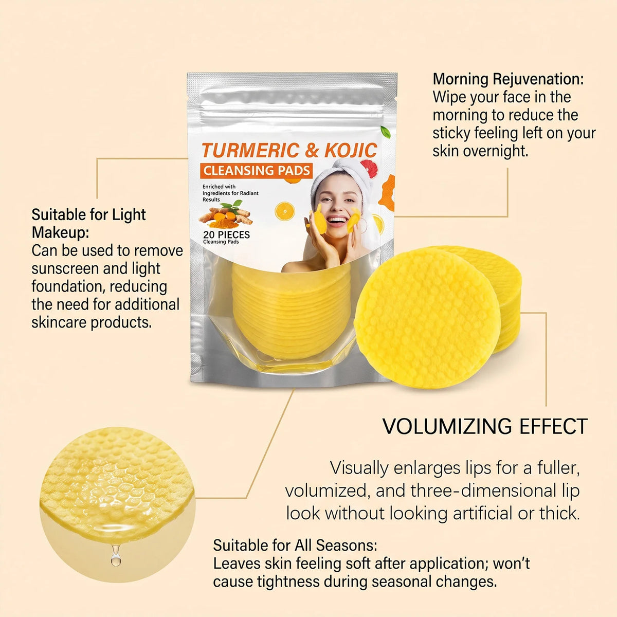 20-Pack Turmeric Cleansing Pads | Brighten & Hydrate Skin Facial Cleansing Pads QXL