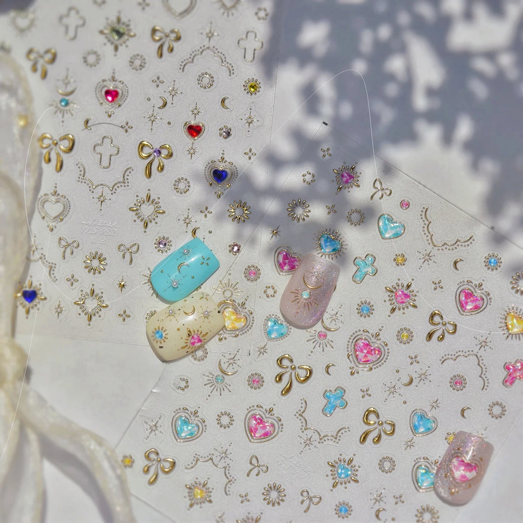 5D Embossed Nail Stickers | Heart Rhinestone Bow Moon Star Decals Nail Art Stickers QXL