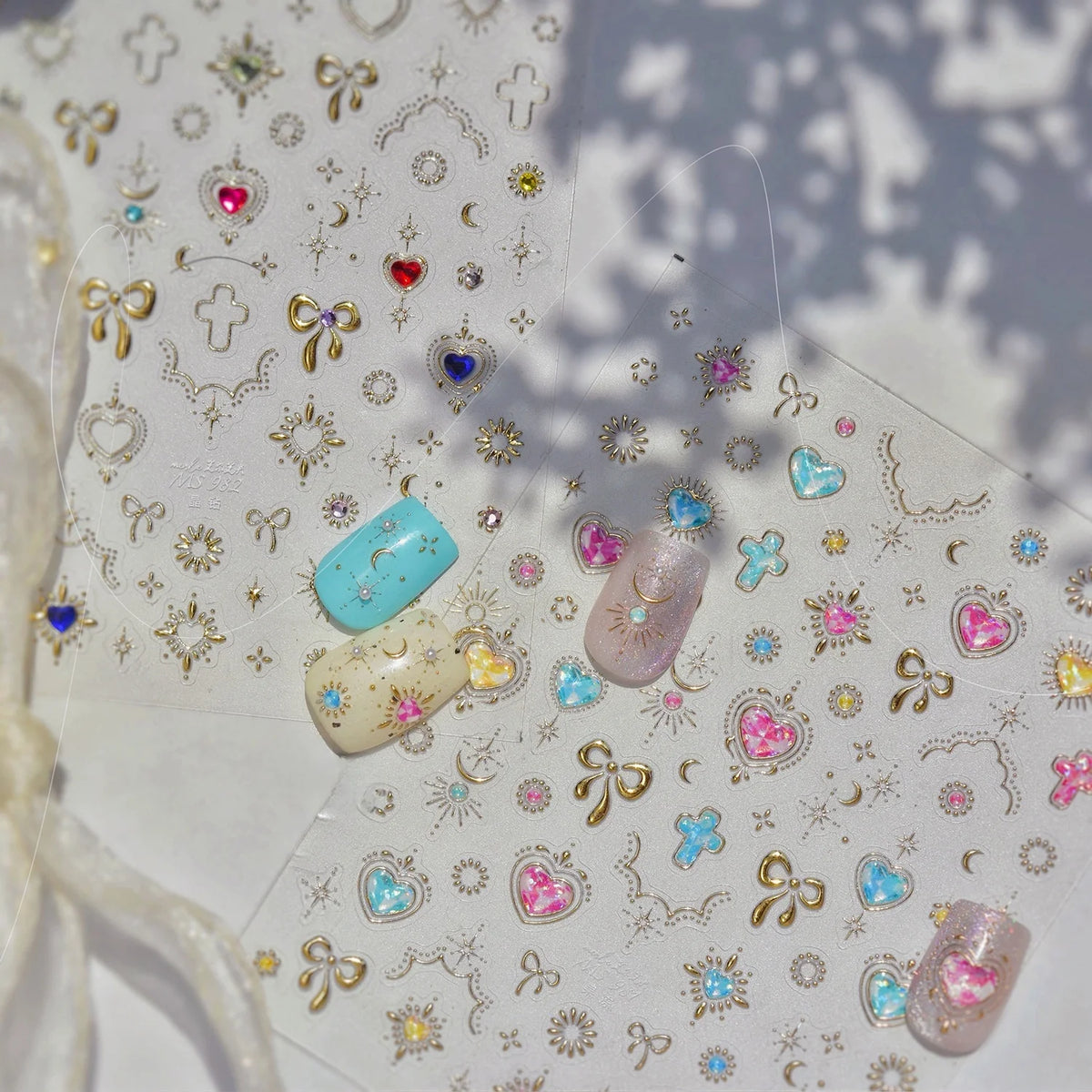5D Embossed Nail Stickers | Heart Rhinestone Bow Moon Star Decals Nail Art Stickers QXL