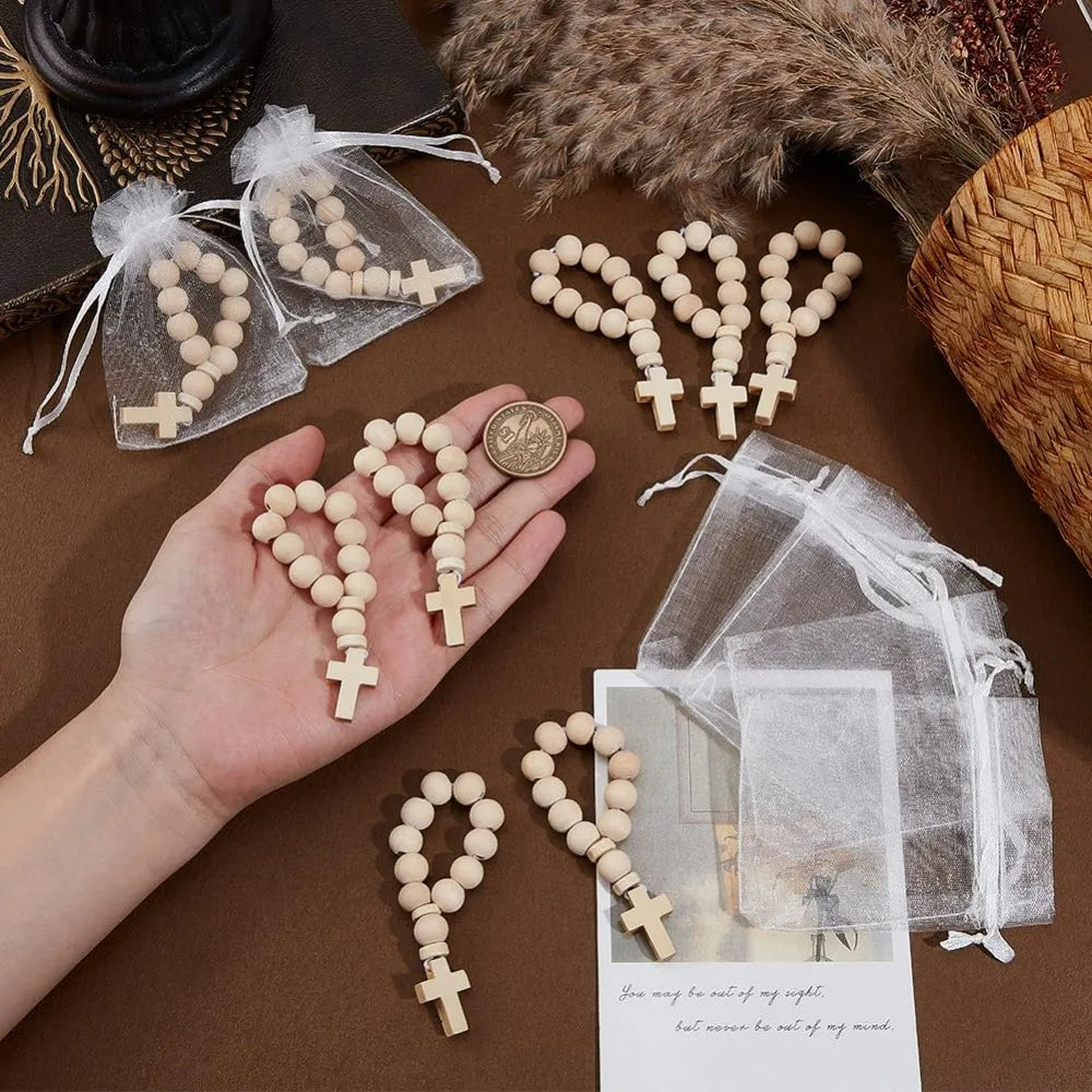 36-Pack Mini Wooden Rosary Beads with Cross Pendant | 3.6" Rosary Bead Set QXL