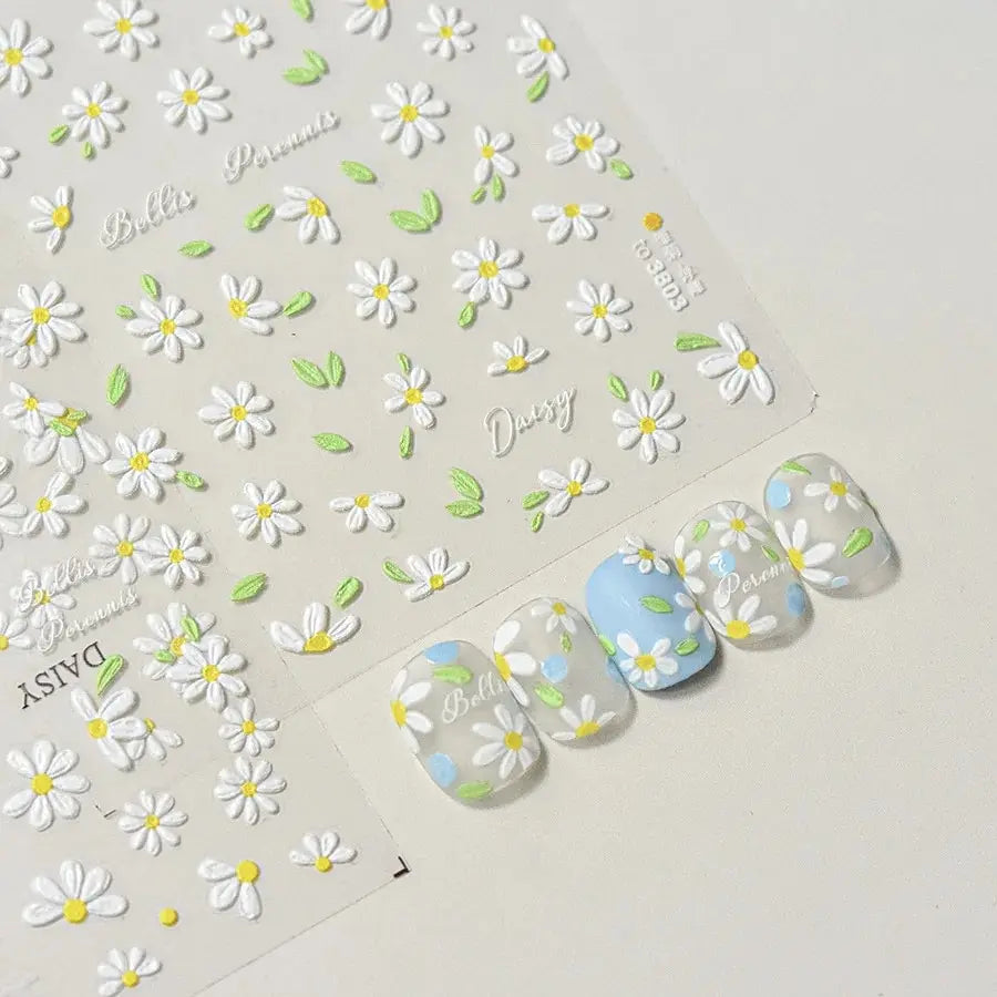 White Daisy 5D Embossed Nail Stickers | Spring Nail Art Decals Nail Art Stickers QXL
