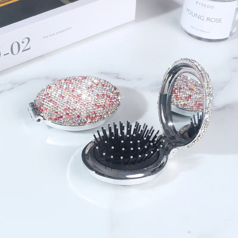 Diamond Pocket Mirror & Foldable Air Cushion Comb | 2-in-1 Compact Mirror Comb QXL