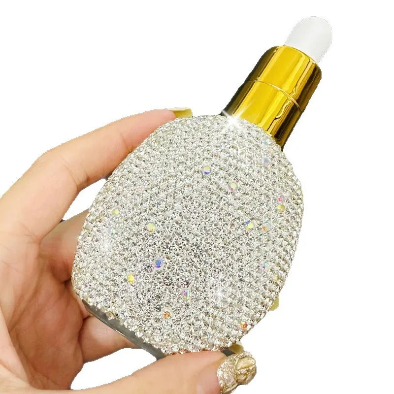 Diamond-Inlaid Flat Glass Dropper Bottle | Cosmetic Oil & Serum Glass Dropper Bottle QXL