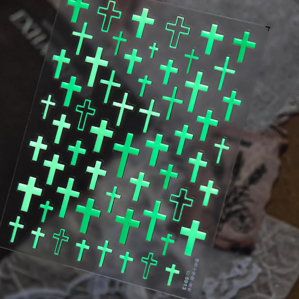 5D Glow-in-Dark Gothic Cross Nail Stickers | Self-Adhesive Nail Art Stickers QXL