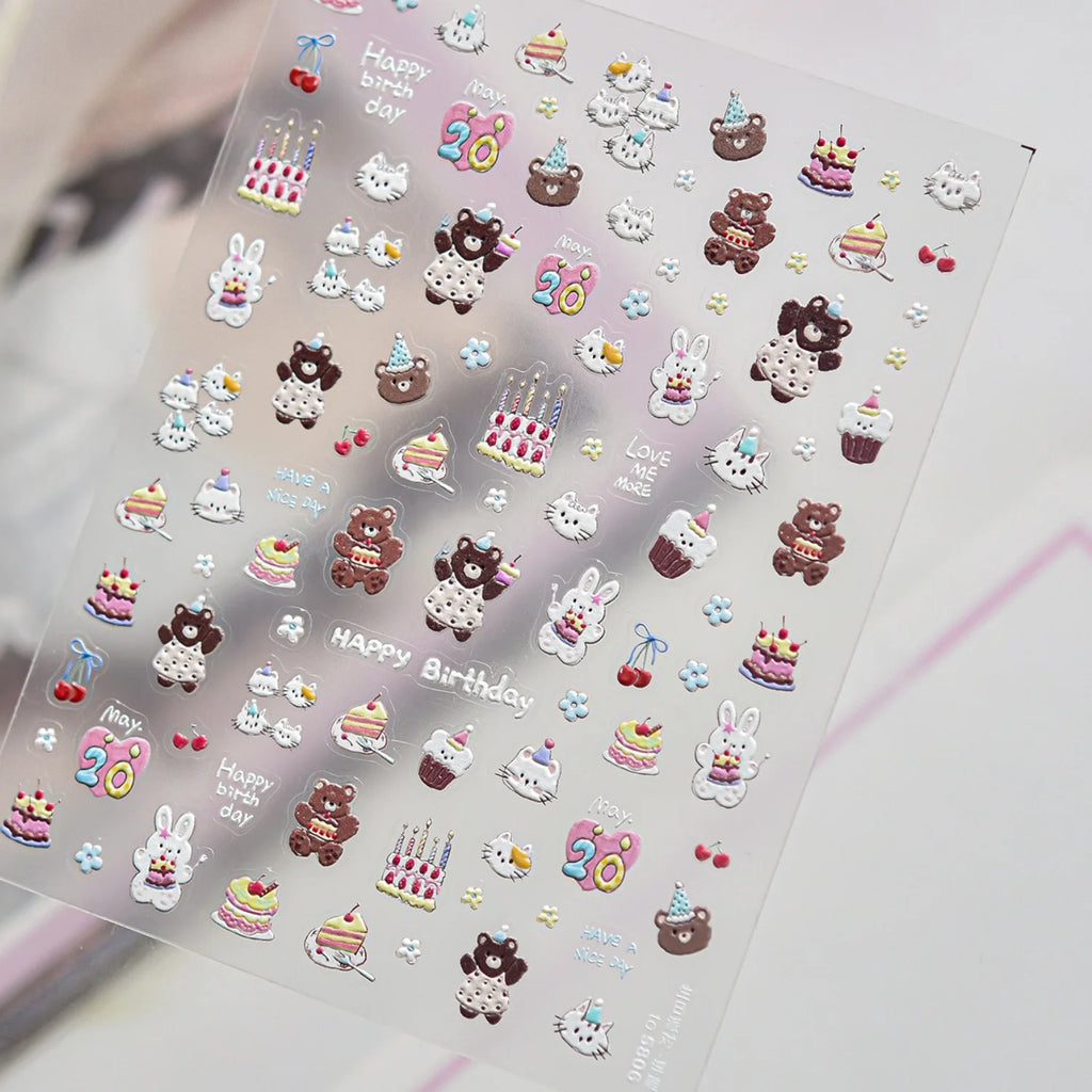 5D Cartoon Nail Stickers | Bear Panda Cat Moon Self-Adhesive Nail Art Stickers QXL