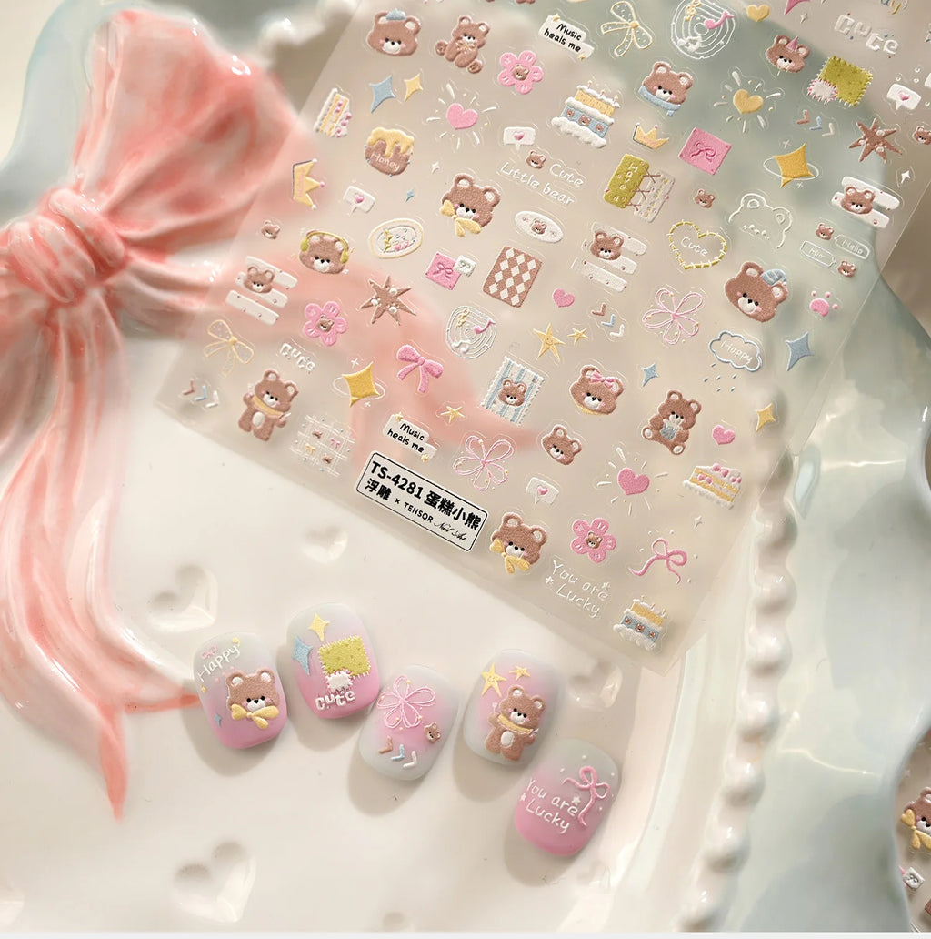 5D Embossed Nail Stickers – Bear, Cake & Heart Decals DIY Nail Art Stickers QXL