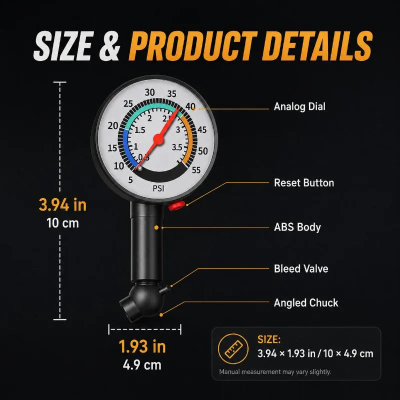 Analog Tire Pressure Gauge 0–55 PSI | Car, Bike & Motorcycle Tire Pressure Gauge QXL