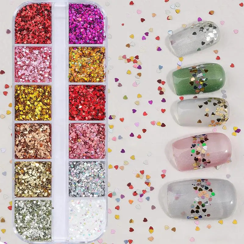 12-Grid Nail Glitter Set | Star & Heart Sequins for Nail Art Nail Art Glitter QXL
