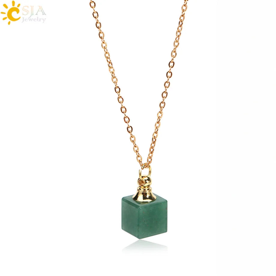 Natural Crystal Gemstone Refillable Perfume Diffuser Necklace Diffuser Pendant Necklace QXL Aventurine-Gold