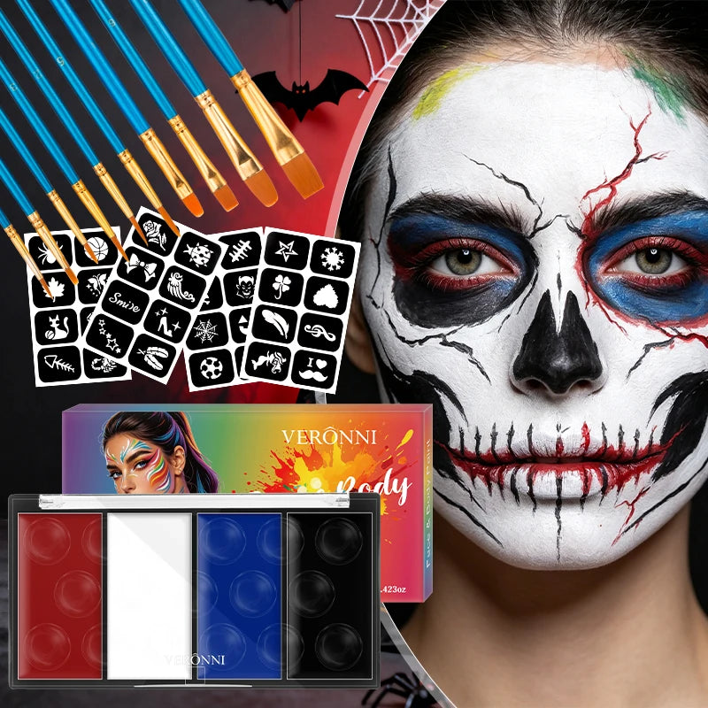 VERONNI 4-Color Face & Body Paint Kit with Brush & Stencils Face & Body Paint QXL